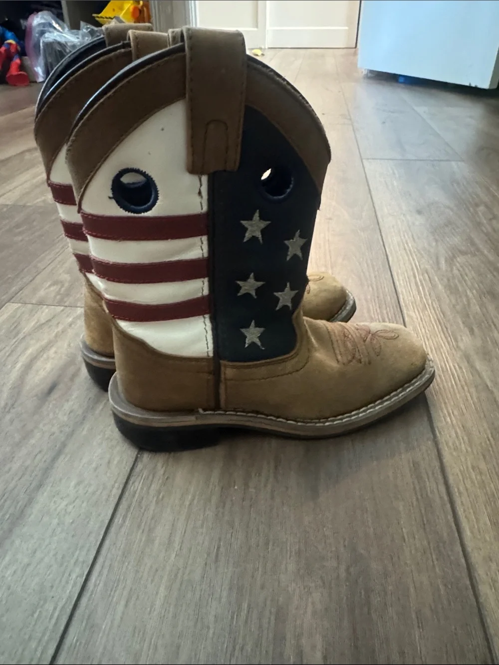Kids Cowboy Boots with American Flag Design - Brown, Red, White & Blue